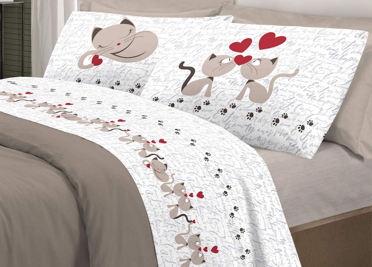 Image LENZUOLA MATRIMONIALE 100% COTONE GATTINI E CUORI BEIGE - immagine 1