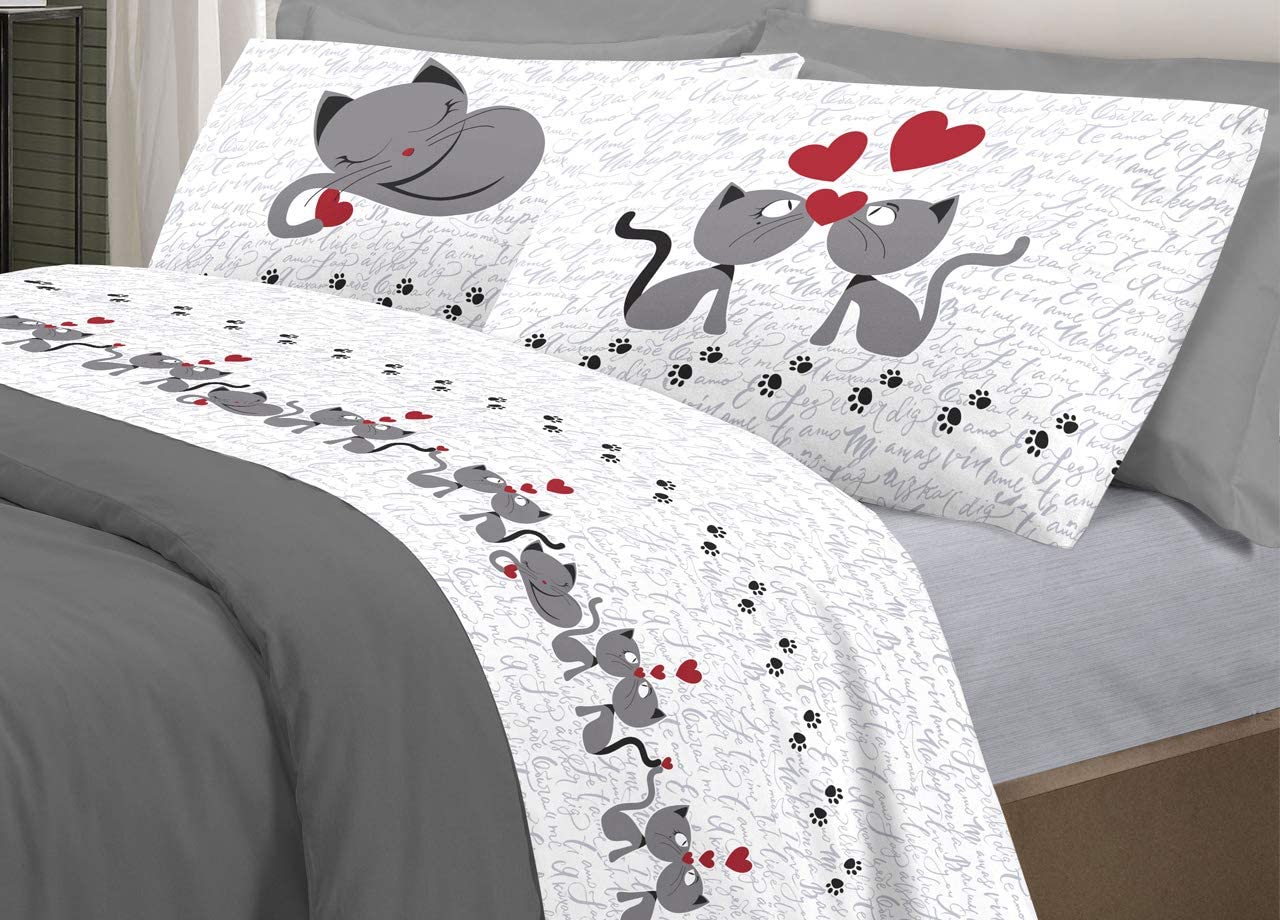 Image LENZUOLA MATRIMONIALE 100% COTONE GATTINI E CUORI GRIGIO - immagine 1