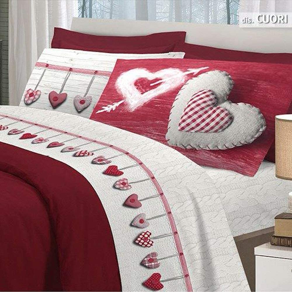 Image LENZUOLA MATRIMONIALE 100% FLANELLA CUORI ROSSO - immagine 1